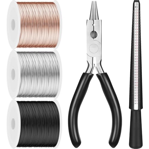 Hotop Schmuckdraht zur Schmuckherstellung, 18/20/22 Gauge, Basteldraht mit Zange und Ringgrößenmesser, Aluminium-Basteldraht (3 Rollen, Silber, Roségold, Schwarz, 1 mm (25 m)) von Hotop