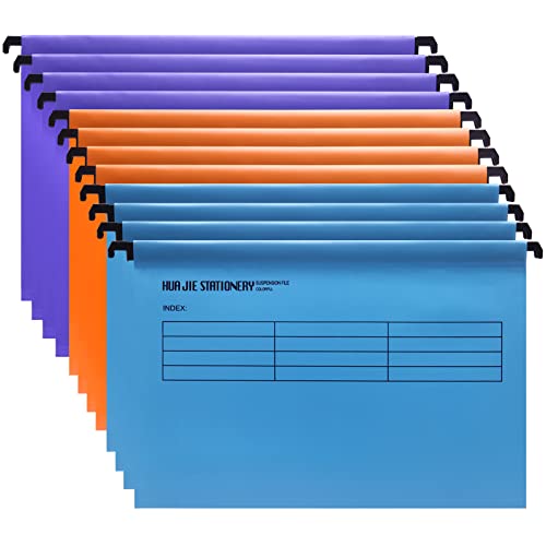 Hotyin Foolscap Hängemappen (12 Stück, Blau/Orange/Lila), Polypropylen-Hängemappen mit Laschen und Buchstaben-Einsätzen, für Aktenschrank, Aktenorganisation von Hotyin