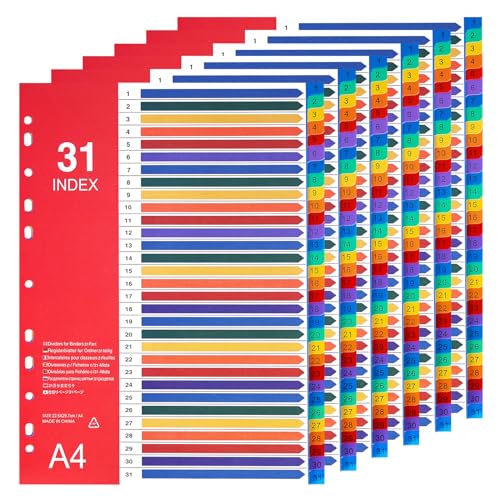 Hotyin Trennblätter für Ordner A4, 31-teilige Register, 6 Stück Ordner Trennblätter Farbig, Ordner-Register A4 mit Mehreren Gestanzten Löchern Hotyin Trennblätter für Ordner A4, 31-teilige Register, 6 Stück Ordner Trennblätter Farbig, Ordner-Register A4 mit Mehreren Gestanzten Löchern von Hotyin
