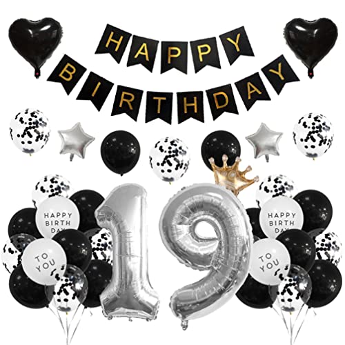Houhounb 19 Geburtstag Deko 19 Party Luftballons Happy Birthday Banner Latex Ballon für Dekoration Junge Mädchen Geburtstag, Schwarz und Silber von Houhounb
