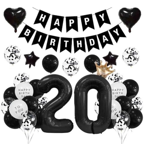 Houhounb 20 Jahre Geburtstag Dekoration 20 Jahre Geburtstag Party Luftballons Happy Birthday Banner Latex Ballon Ballon für Dekoration Junge Mädchen Geburtstag, Schwarz von Houhounb