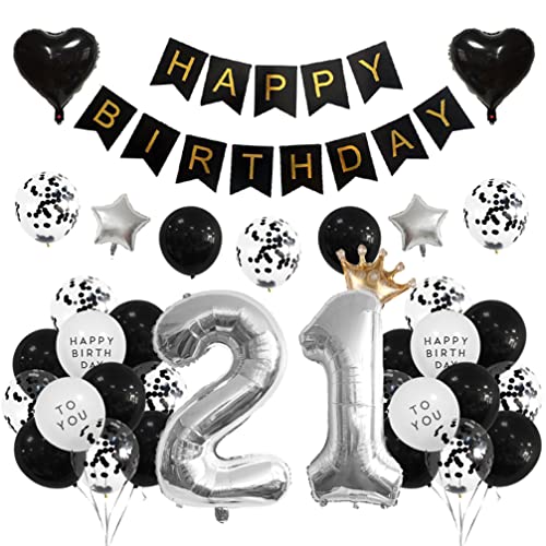 Houhounb 21. Geburtstag Dekoration 21. Party Luftballons Happy Birthday Banner Latexballon Luftballon für Deko Junge Mädchen Geburtstag, Schwarz und Silber von Houhounb