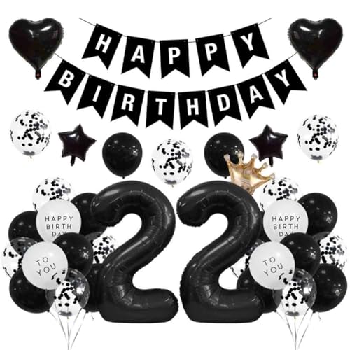 Houhounb 22 Jahre Geburtstag Dekoration 22 Jahre Geburtstag Party Luftballons Happy Birthday Banner Latex Ballon Ballon für Dekoration Junge Mädchen Geburtstag, Schwarz von Houhounb