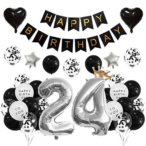 Houhounb 24 Geburtstag Deko 24 Party Luftballons Happy Birthday Banner Latex Ballon für Dekoration Junge Mädchen Geburtstag, Schwarz und Silber von Houhounb