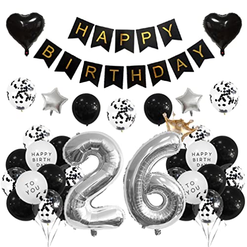 Houhounb 26 Geburtstag Deko 26 Party Luftballons Happy Birthday Banner Latex Ballon für Dekoration Junge Mädchen Geburtstag, Schwarz und Silber Houhounb 26 Geburtstag Deko 26 Party Luftballons Happy Birthday Banner Latex Ballon für Dekoration Junge Mädchen Geburtstag, Schwarz und Silber von Houhounb