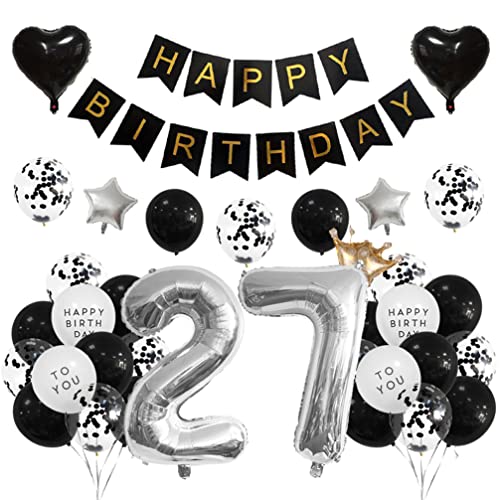 Houhounb 27 Geburtstag Deko 27 Party Luftballons Happy Birthday Banner Latex Ballon für Dekoration Junge Mädchen Geburtstag, Schwarz und Silber von Houhounb