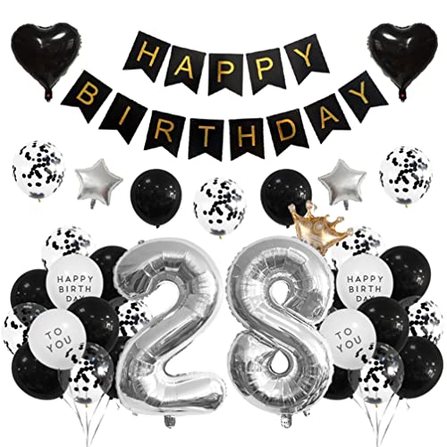 Houhounb 28 Geburtstag Deko 28 Party Luftballons Happy Birthday Banner Latex Ballon für Dekoration Junge Mädchen Geburtstag, Schwarz und Silber Houhounb 28 Geburtstag Deko 28 Party Luftballons Happy Birthday Banner Latex Ballon für Dekoration Junge Mädchen Geburtstag, Schwarz und Silber von Houhounb