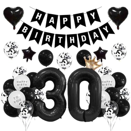 Houhounb 30 Jahre Geburtstag Dekoration 30 Jahre Geburtstag Party Luftballons Happy Birthday Banner Latex Ballon Ballon für Dekoration Junge Mädchen Geburtstag, Schwarz von Houhounb