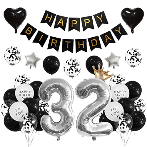Houhounb 32 Geburtstag Deko 32 Party Luftballons Happy Birthday Banner Latex Ballon Ballon für Deko Junge Mädchen Geburtstag, Schwarz und Silber von Houhounb