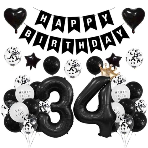 Houhounb 34. Geburtstag Dekoration 34 Jahre Geburtstag Party Luftballons Happy Birthday Banner Latex Ballon Ballon für Dekoration Junge Mädchen Geburtstag, Schwarz von Houhounb