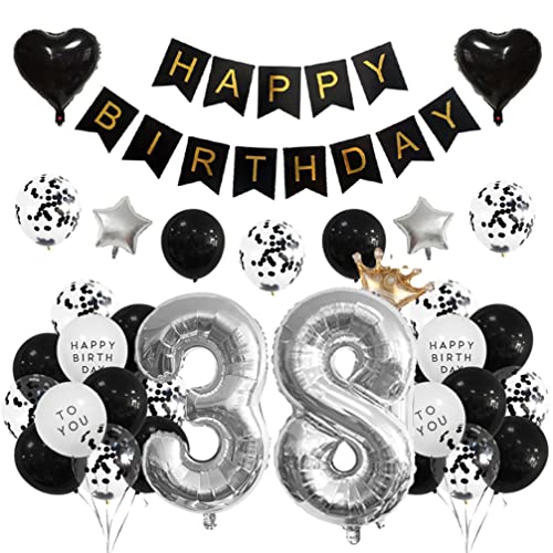 Houhounb 38 Geburtstag Deko 38 Party Luftballons Happy Birthday Banner Latex Ballon Ballon für Deko Junge Mädchen Geburtstag, Schwarz und Silber von Houhounb