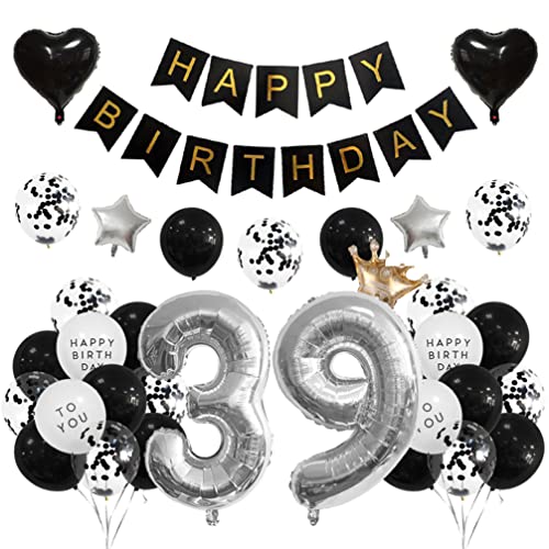 Houhounb 39. Geburtstag Dekoration 39. Party Luftballons Happy Birthday Banner Latexballon Luftballon für Deko Junge Mädchen Geburtstag, Schwarz und Silber von Houhounb