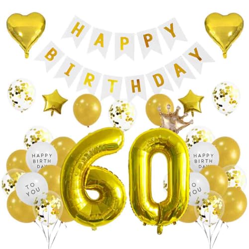Houhounb 60. Geburtstag Dekoration 60 Jahre Geburtstag Party Luftballons Happy Birthday Banner Latex Ballon Ballon für Dekoration Junge Mädchen Geburtstag, Golden von Houhounb