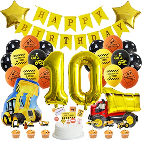 Houhounb Baufahrzeuge Party Dekoration 10 Jahr Kindergeburtstag Bagger Truck Luftballons Bau Dekorationen Happy Birthday Banner Folienballons Geburtstagsdeko für 10. Geburtstag Party von Houhounb
