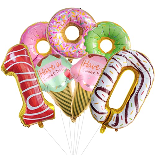 Houhounb Donut Geburtstag Dekoration Set Donutfolie Ballons - 2x Eiscreme Folienballons +Zahl 10 Zahlenballon+3x Donuts Aluminiumballons Kinder 10. Geburtstag Party Dekoration für Junge Mädchen von Houhounb