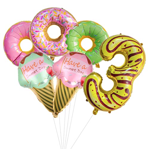Houhounb Donut Geburtstag Dekoration Set Donutfolie Ballons - 2x Eiscreme Folienballons +Zahl 3 Zahlenballon+3x Donuts Aluminiumballons Kinder 3. Geburtstag Party Dekoration für Junge Mädchen von Houhounb