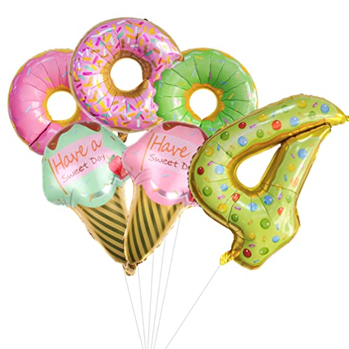 Houhounb Donut Geburtstag Dekoration Set Donutfolie Ballons - 2x Eiscreme Folienballons +Zahl 4 Zahlenballon+3x Donuts Aluminiumballons Kinder 4. Geburtstag Party Dekoration für Junge Mädchen von Houhounb