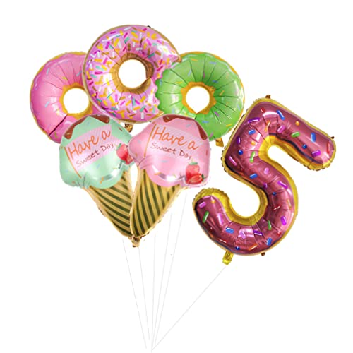 Houhounb Donut Geburtstag Dekoration Set Donutfolie Ballons - 2x Eiscreme Folienballons +Zahl 5 Zahlenballon+3x Donuts Aluminiumballons Kinder 5. Geburtstag Party Dekoration für Junge Mädchen von Houhounb