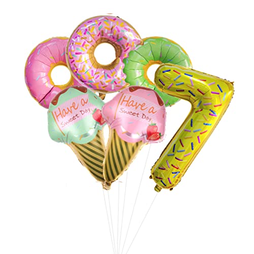 Houhounb Donut Geburtstag Dekoration Set Donutfolie Ballons - 2x Eiscreme Folienballons +Zahl 7 Zahlenballon+3x Donuts Aluminiumballons Kinder 7. Geburtstag Party Dekoration für Junge Mädchen von Houhounb