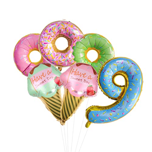 Houhounb Donut Geburtstag Dekoration Set Donutfolie Ballons - 2x Eiscreme Folienballons +Zahl 9 Zahlenballon+3x Donuts Aluminiumballons Kinder 9. Geburtstag Party Dekoration für Junge Mädchen von Houhounb