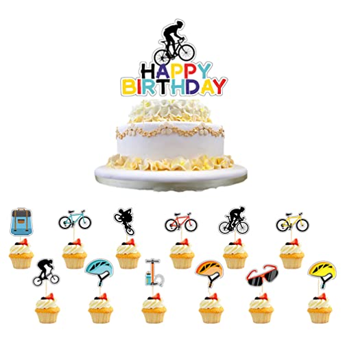 Houhounb Fahrrad Geburtstag Kuchen Dekoration Happy Birthday Banner Radfahrer Kuchen Topper Cupcake Picks Kuchen Dekoration für Fahrrad Thema Party Dekorationen, 13 Stück von Houhounb