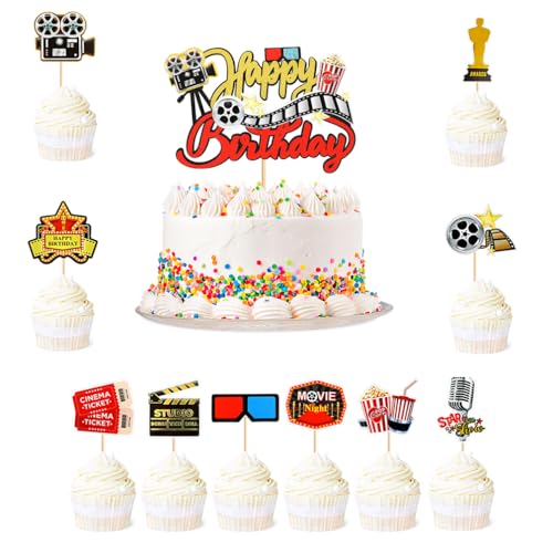 Houhounb Filmthemen Party Deko Set Kino Kuchendeckel 1 großes Happy Birthday Cake Topper und 20pcs Kuchen Topper Cupcake Picks für Film Themed Geburtstag Party Dekorationen von Houhounb