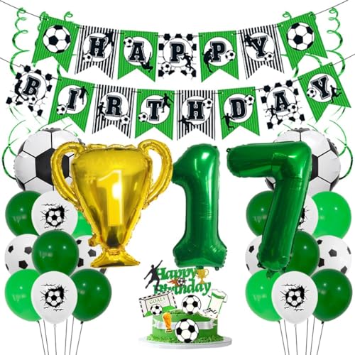 Houhounb Fußball Grüner Serie 17. Geburtstag Deko Fussball Deko Happy Birthday Banner Party Deko No.17 Fußball Luftballon Tortendeko für Thema Fußball 17 Jahre Geburtstag Dekoration von Houhounb