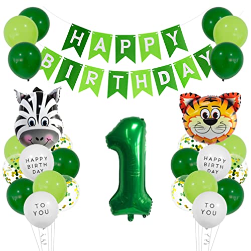 Houhounb Grünes 1. Geburtstag Dekoration Set Happy Birthday Banner Deko Tiger Zebra Luftballon Große Zahlen 1 Folienballons für Deko Junge Mädchen Baby Shower Urwald Party Geburtstag von Houhounb