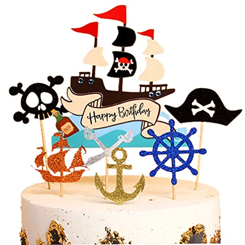 Houhounb Happy Birthday Cake Toppers Set Pirate Tortenstecker Piraten Kuchendeckel Piraten Kuchen Topper Cupcake für Kinder Mädchen Junge Halloween Party Muffin Deko,7 Stück von Houhounb