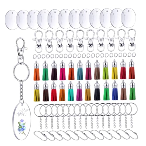 Housoutil 144 Stk Acryl Schlüsselanhänger Set mit Quasten Transparente Rohlinge für Diy Bastelprojekte Schlüsselringe und Biegeringe für Personalisierte Schlüsselanhänger und Taschenanhänger von Housoutil