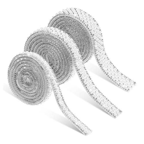 Housoutil 3 Stück Strassband mit Perlen Selbstklebendes Dekorationsband Perlen und Strass für Bastelarbeiten Hochzeit und DIY Dekoration von Housoutil
