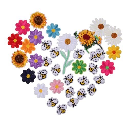Housoutil 36 Stück Blumenbienenstoffaufkleber Stoffflicken Für Kleidung Stickerei Flicken Nähen Aufnäher Für Jeans Bestickt Party-patch Blumenbeete Handwerksflecken Ich Liebe Polyester von Housoutil