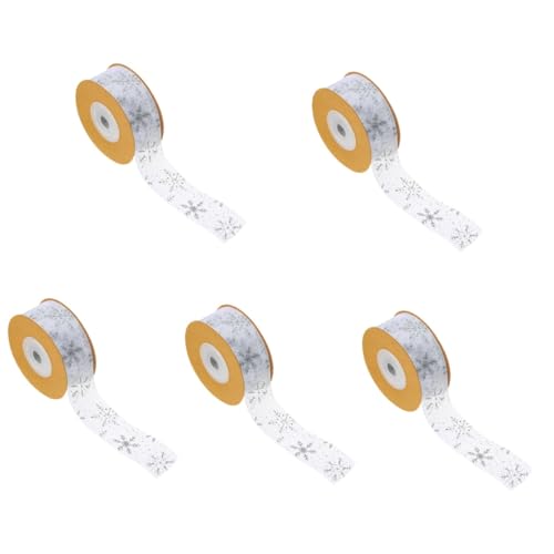 Housoutil 5 Rollen Weihnachtsgeschenkband Silber mit Schneeflockenmuster Dekoratives Geschenkband für Verpackung Basteln Weihnachtsbaum und Partydeko von Housoutil