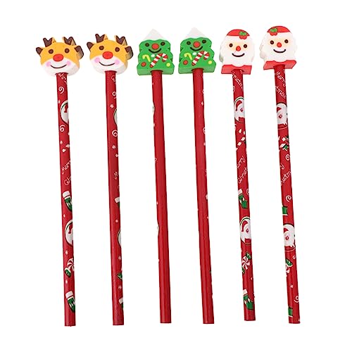 Housoutil 6 Stück Weihnachtsbleistifte mit Radiergummi für Schreiblernbedarf Holzstifte mit Glattem Schreiben und Einfacher Radierfunktion für Schulbedarf und Weihnachtsbasteln von Housoutil