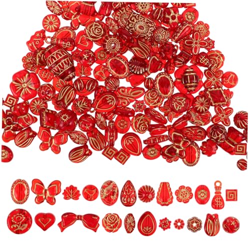 Housoutil Vintage Rote Acrylperlen mit Goldener Blumenverzierung Langlebig und Farbbeständig für DIY Schmuckherstellung für Armbänder Halsketten und Kreative Bastelprojekte von Housoutil
