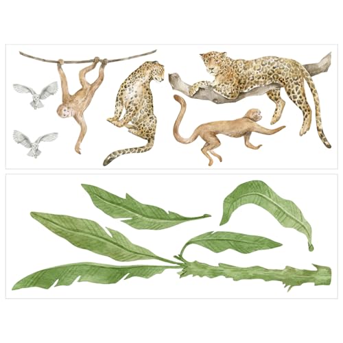 Housoutil Wandaufkleber Mit Waldtieren, 2 Blätter Wandtattoo Dschungelleopard, PVC Wandtattoo Dschungelaffe, Wasserfest Bananenblatt-Wandaufkleber Für Babyzimmer Kinderzimmer Schlafzimmer Wohnzimmer von Housoutil