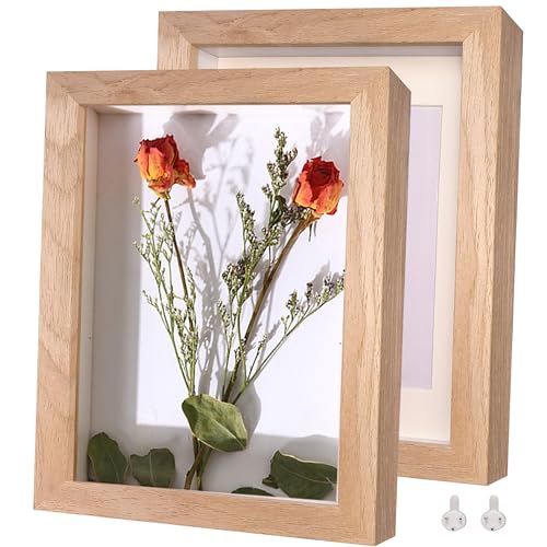 Houstimi 3D Bilderrahmen Holz 20x25cm 2 Pack Teakholz Fotorahmen aus Massivholz und Echtglas für Objekte bis 1.5cm von Houstimi