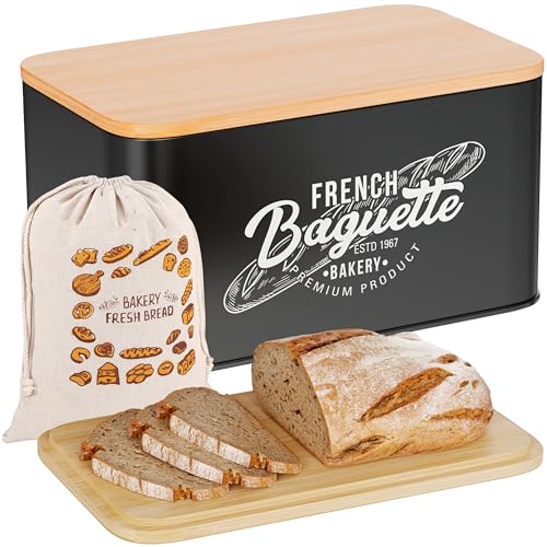 Hovea - Brotkasten Schwarz „French Baguette“ - 30 x 18 x 13,7 cm - Metall & Bambus - Inkl. Brotsack - Für Brot, Toast, Zwieback - Aufbewahrung & Frischhaltung - Brotbox - BP301 Hovea - Brotkasten Schwarz „French Baguette“ - 30 x 18 x 13,7 cm - Metall & Bambus - Inkl. Brotsack - Für Brot, Toast, Zwieback - Aufbewahrung & Frischhaltung - Brotbox - BP301 von Hovea