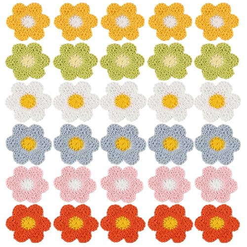 30 Stück Häkelblumen, süße DIY-Sonnenblumen-Stoffflicken, gestrickte Blumen, dekorative Aufnäher zum Aufnähen von Blumenflicken zum Nähen von Bastelzubehör, Häkelblumen, Blumenflicken Aufbüge von HoveeLuty