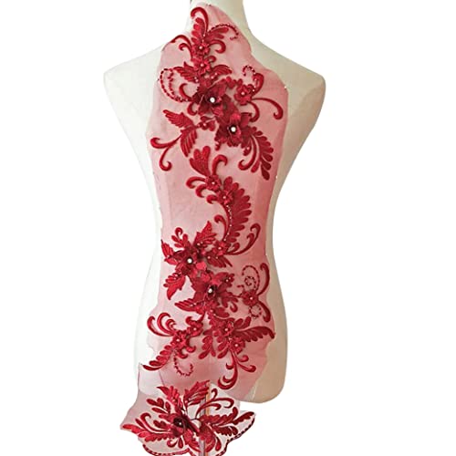 Blütenblumen-Applikation, Perlen-Pailletten, Blumen-Spitzen-Aufnäher, Brautkleid, geprägte Perlenstickerei, Spitzen-Applikationen, Motiv zum Nähen, Basteln, weinrote Diamant-Applikation, Perlen-S von HoveeLuty
