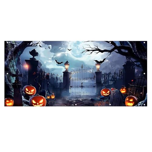 Halloween-Hintergrund 3,9 x 1,8 m zum Aufhängen Polyester Halloween-Türdekorationen Kürbislaternen Garagentor-Dekorationen Halloween-Garagentor-Abdeckung Halloween-Banner für Garagentor-Dekorationen P von HoveeLuty