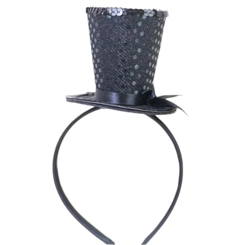 HoveeLuty Zylinder, Schwarze Pailletten Zylinder auf Haarreif, mit Schleife für Karneval, Mottoparty, Abschlussball Mini Puppenhut Haarreif von HoveeLuty