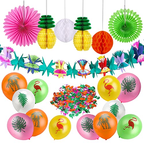 HOWAF 33 stücke Sommer Tropische Party Dekorationen Kit Blumen Girlande Ananas Wabenbälle Seidenpapier Fan und Luftballons Flamingo Konfetti für Hawaii deko Geburtstags Aloha Sommer Beach Party von HOWAF