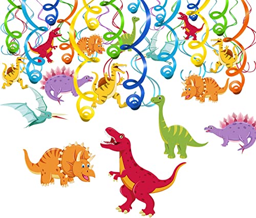 HOWAF Dinosaurier Hängedekoration Geburtstag Deckenhänger Spiral Girlanden mit Dino Kinder Tattoo Set für Kinderparty Junge und Mädchen kindergeburtstags Dekoration, 38 teilig Set von HOWAF