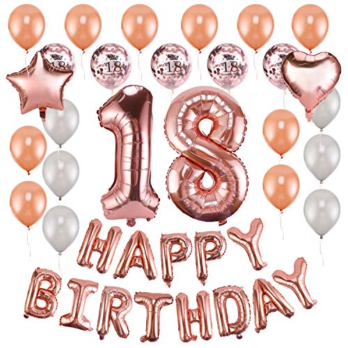 HOWAF Rose Gold 18. Geburtstag deko für Mädchen und Jungen, 59 Stück Happy Birthday Girlande Banner Luftballons Set Helium Folie Herz Ballon für 18 Geburtstag Dekoration von HOWAF