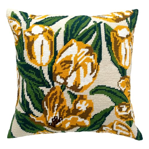 Howie's Needlepoint Gestempeltes Kreuzstich-Kissen-Set für Anfänger, Stickmuster auf Baumwoll-Leinwand, Garn, 2 Nadeln und Anleitung (evtl. nicht in deutscher Sprache), 40,6 x 40,6 cm (Tulpe) von Howie's Needlepoint