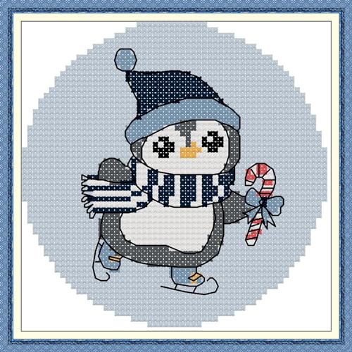 Howie's Needlepoint Kreuzstich-Set, 14-fädig, gestempelte Starter-Sets für Anfänger, Nadelspitzen-Sets für Kinder und Erwachsene (Pinguin mit blauer Weihnachtsmütze und Schal, 15 x 15 cm) von Howie's Needlepoint