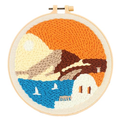 Howie's Needlepoint Stanznadel-Set für Anfänger, DIY-Cartoon-Stanznadel-Kits, Sticksets mit Garnen, Werkzeugen und Anleitungen, kreatives Basteln, Heimdekoration (Sonnenuntergang, 20,3 cm Durchmesser) von Howie's Needlepoint