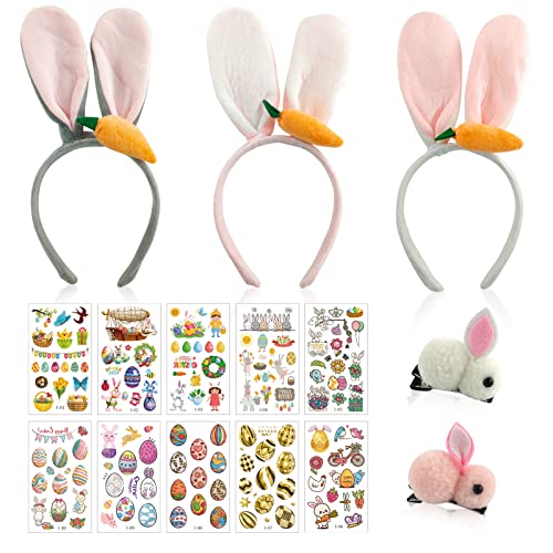 3 Stück Ostern Hasenohren Haarreifen,Plüsch Osterhase Ohren ,Hasenohren Haarreif,Hase Ohren Stirnband mit 2pcs Hasen Haarspangen und 10 Osteraufkleber,für Mädchen Ostern Mottoparty Kostüm Zubehör von Hpbaggy