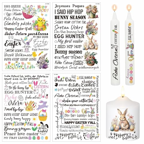 4 Stück Kerzentattoos Ostern mit Sprüche Hasenmuster Wasserschiebefolie Kerzen Ostern Kerzenfolie Kerzensticker Tattoo Folie Kerzen Beschriften Aufkleber Ostern Deko DIY Geschenk Für Kerzen Tasse von Hpbaggy